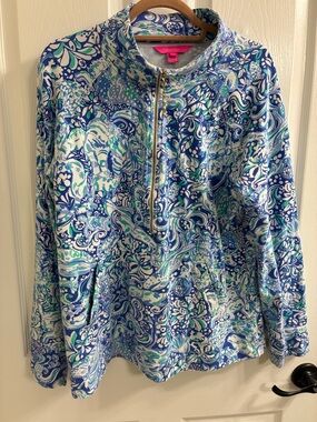Lilly Pulitzer Blue, Aqua & White Printed Pullover with Gold Zip